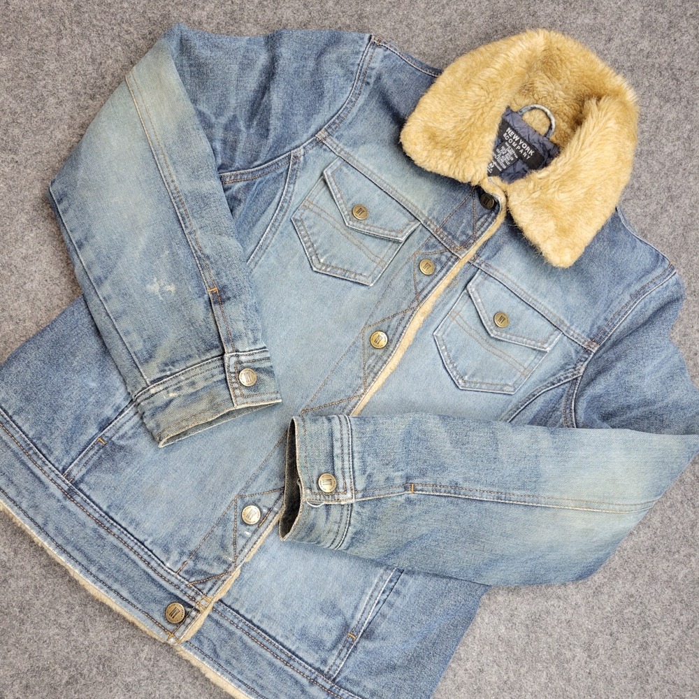 New York‎ Company Jacket Womens Medium Blue Denim Trucker Fur Collar Snap Front